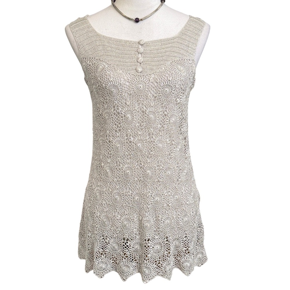 Vintage Handmade Crochet Pure Silk Lace Floral Top English Weather Artisan M 90s